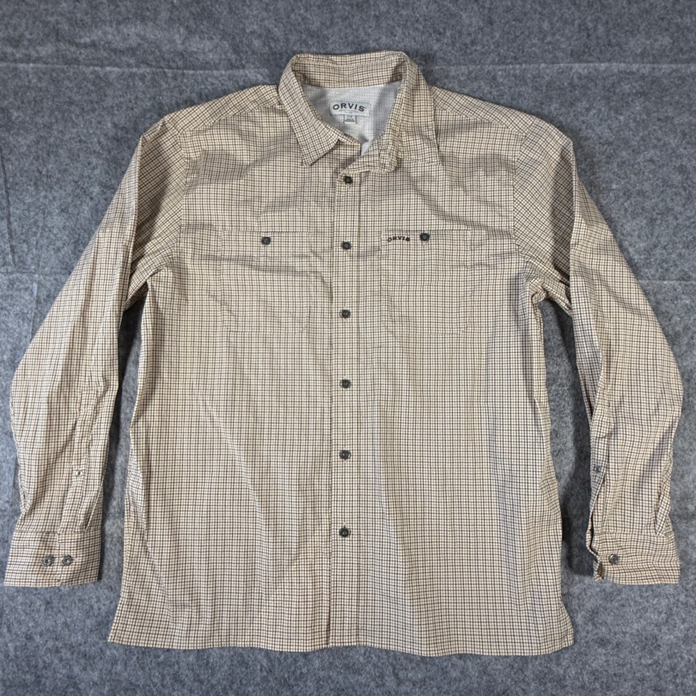 Orvis Button Down Shirt Mens L Tan Brown Micro Check Roll Tab Long Sleeve